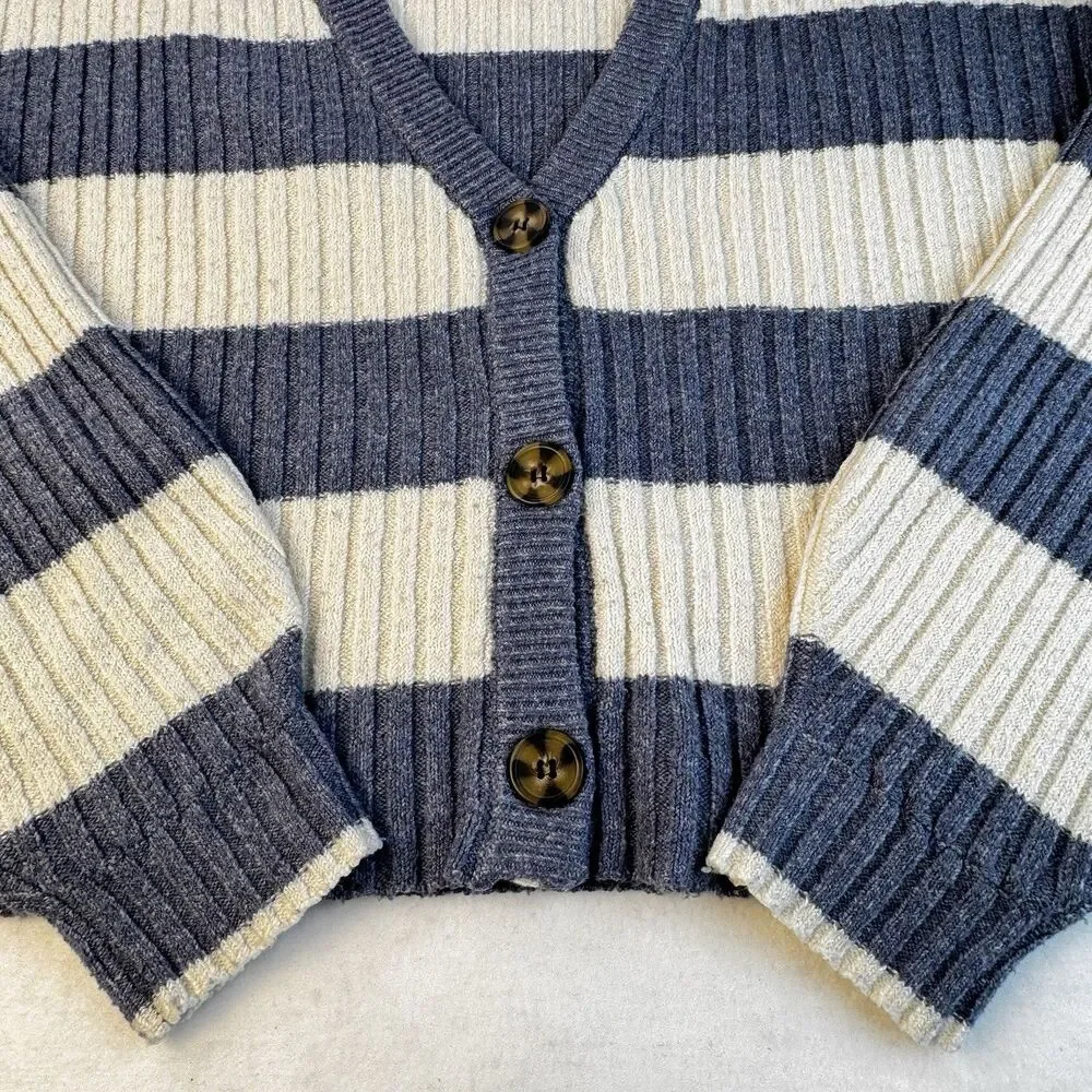 Blue Rain Striped Cropped Cardigan Sz Small Blue and Cream Stripes Button Front